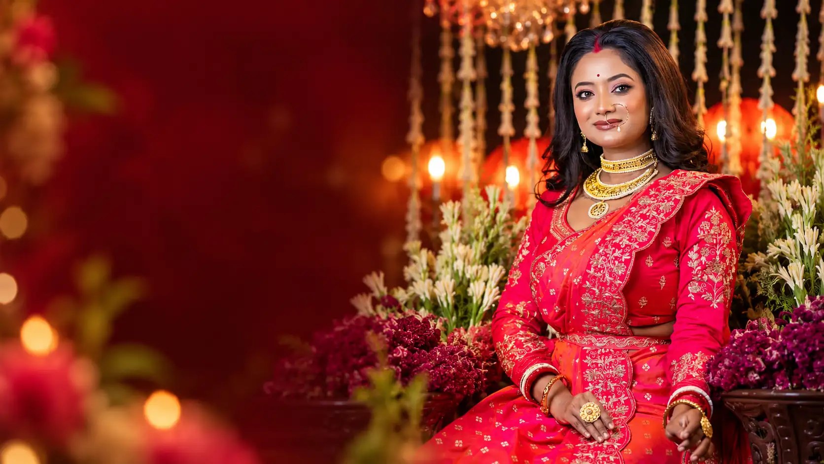 Bengali bride in red and gold embroidered attire among flowers