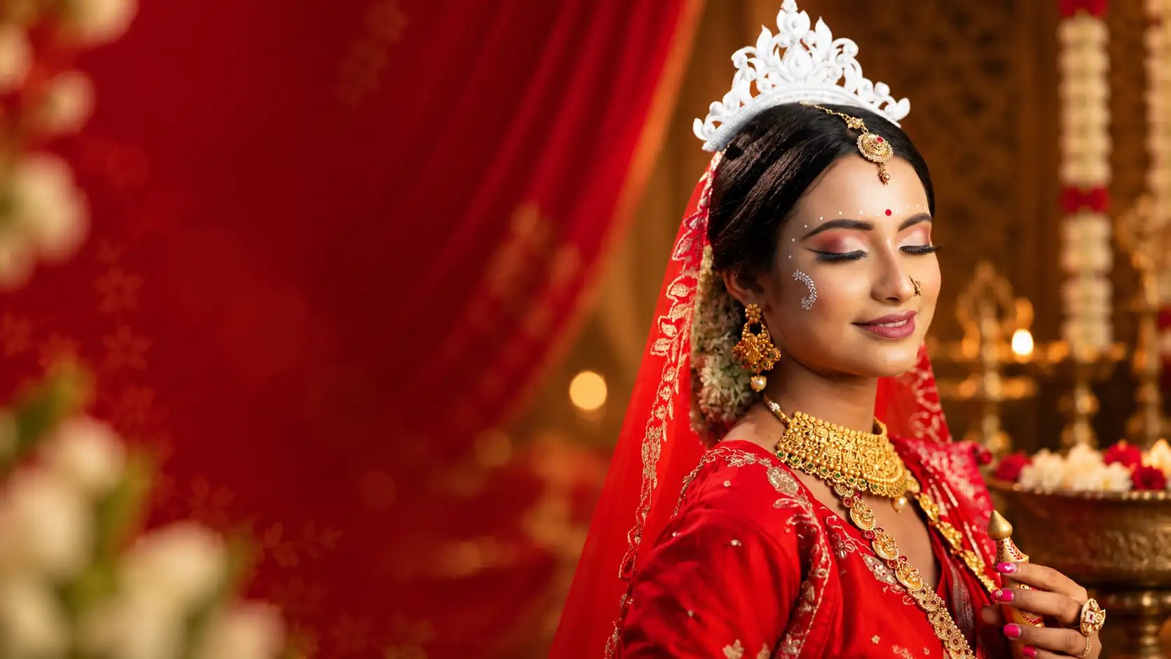 Bridal close-up with white mukut, red veil, and gold jewelry