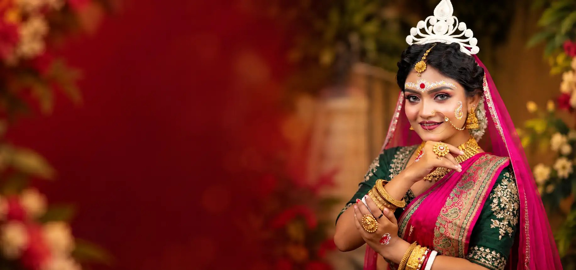 Traditional Bengali bridal look with white mukut and magenta saree